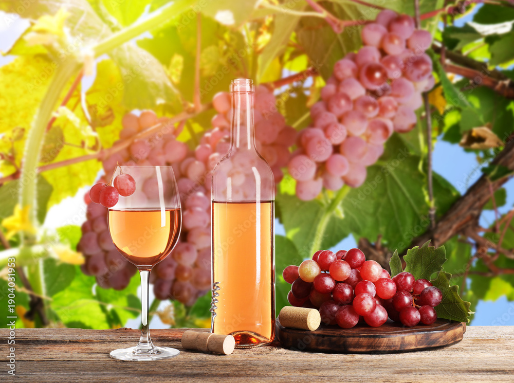 Naklejka premium Wine and fresh grapes on table. Glass and bottle in vineyard