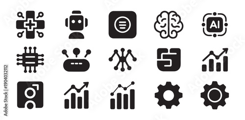 Artificial intelligence brain and technology icons vector set digital data machine learning symbols