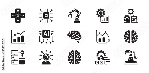 Artificial intelligence and robotics icons vector set machine learning automation technology symbols