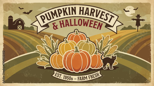 Retro Pumpkin Harvest & Halloween Vintage Poster. Autumn Farm Fresh Banner with Scarecrow, Black Cat, and 1950s Style Design.