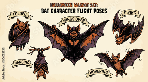 Vintage Halloween Bat Mascot Vector Set. Cartoon character poses: Wings Open, Diving, Hanging, Folded, Hovering. Spooky illustration bundle for merchandise and print.