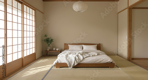 Minimalist Japanese Bedroom Interior with Tatami Mats and Shoji Screens 1.