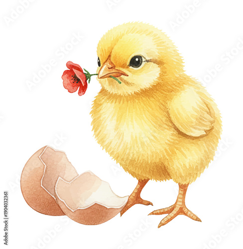 Adorable fluffy yellow chick holding a small red flower in its beak next to a broken eggshell innocent mood