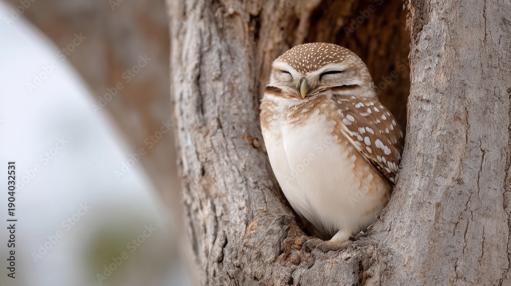 Obraz premium A small owl is sleeping in a tree