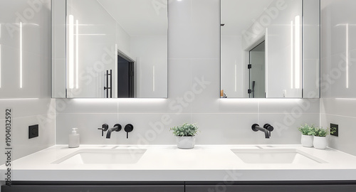 Modern Bathroom Interior Design with Double Sinks and Illuminated Mirrors.