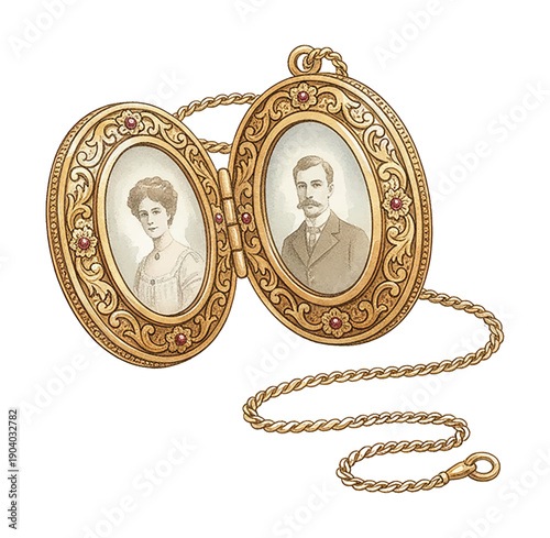 Ornate vintage golden locket displaying sepia portraits of a Caucasian man and woman elegant jewelry