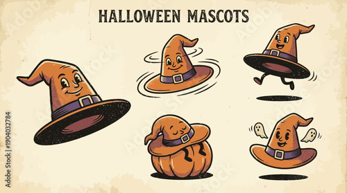 Vintage Halloween Mascots Set. Retro Cartoon Collection of Funny Witch Hats, Smiling Pumpkin Characters, and Spooky Ghosts.