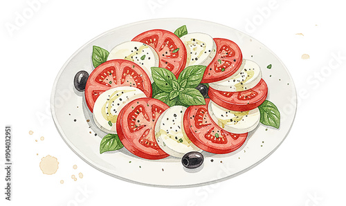 Fresh Caprese Salad with Sliced Tomatoes Mozzarella Basil and Black Olives on a White Plate