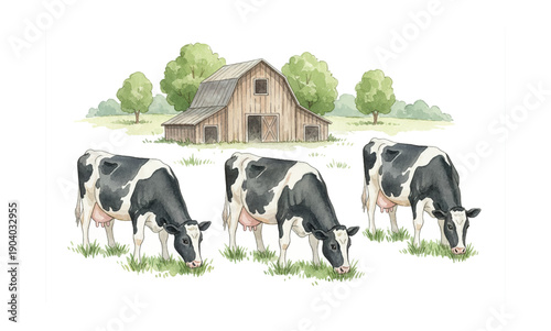 Three Black and White Dairy Cows Grazing Peacefully on a Farm Field with a Wooden Barn