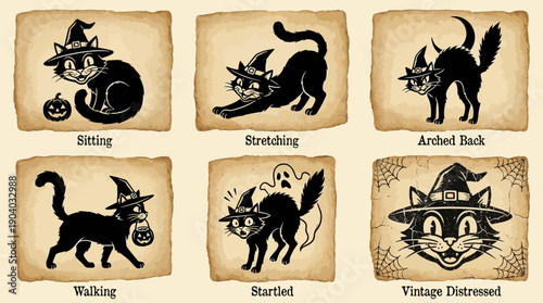 Retro Halloween Black Cat Collection: Vintage Silhouettes and Icons with Witch Hat. Distressed Art Set on Old Paper Background.