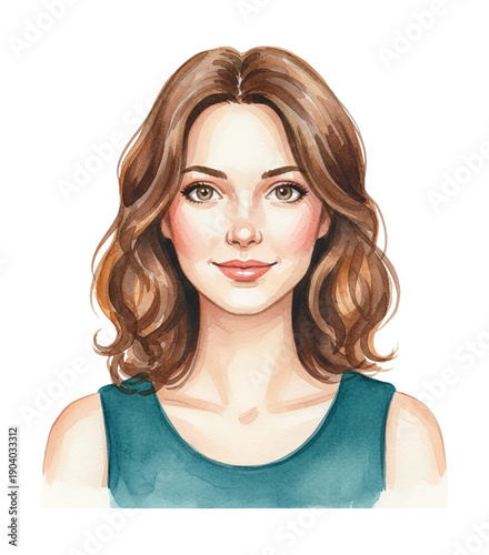 Beautiful Caucasian Young Woman Smiling with a Pleasant Friendly Expression Watercolor Portrait