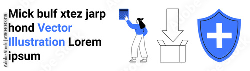 Healthcare, product safety, medical services, data protection, online delivery, digital tools. Woman holding a box, download arrow plus sign shield. Healthcare and product safety concept