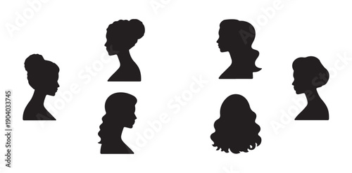 Woman profile silhouette set with various hairstyles including bun ponytail and wavy hair vectors