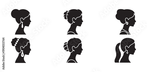 Elegant female profile silhouettes with jewelry featuring earrings and necklaces for bridal design