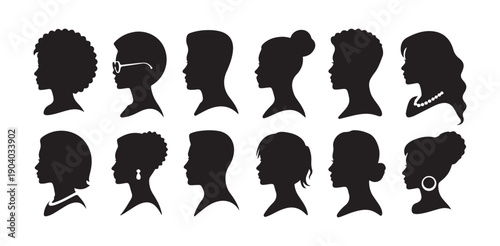 Female profile silhouettes collection showing various hair textures and fashion accessories vector