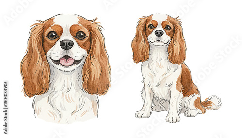 Happy Cavalier King Charles Spaniel Dog Smiling and Sitting in Charming Watercolor Illustration Style on White