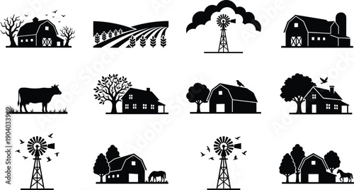 Rural farmhouse silhouette icon set featuring barns, windmills, fields, cows, trees, country landscapes, black and white vector illustrations for logos, prints, wall art, branding
