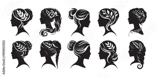 Elegant female profile silhouettes decorated with laurel leaves and floral ornaments for beauty