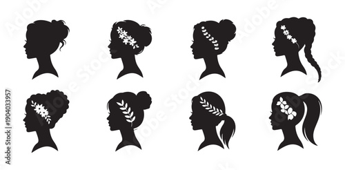 Side profile silhouettes of women with floral hair decorations for wedding and beauty industry logo