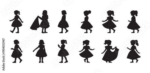 Little girl silhouettes dancing and walking in dresses for childhood activities and fashion design