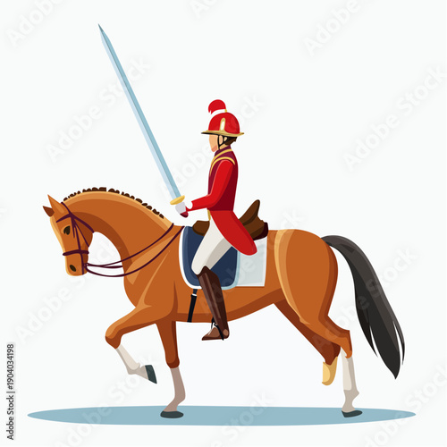 Horse rider in red uniform holding sword