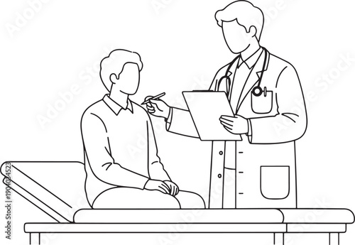 Doctor and patient consultation line art illustration for healthcare and medical examination vector