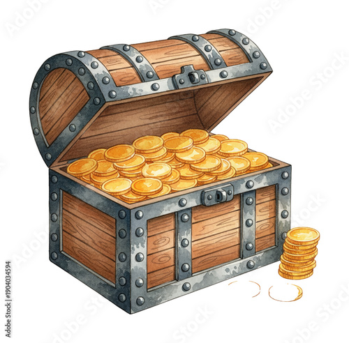 Open wooden treasure chest brimming with sparkling gold coins and a small stack of riches on white background