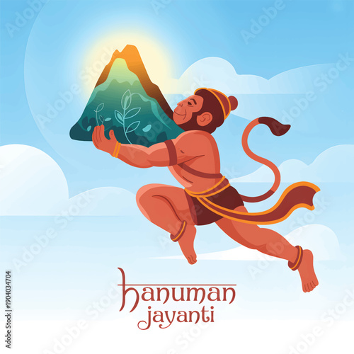 Hanuman Jayanti of a monkey god carrying a mountain with a tree, a Hindu deity
