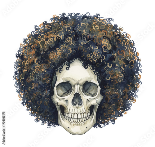 Detailed watercolor illustration of a human skull with a voluminous curly afro hairstyle with dark and brown hair