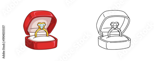 Gold engagement ring with heart shaped diamond in open red velvet box in cartoon and line art style on white background represents marriage proposal wedding and romantic gift