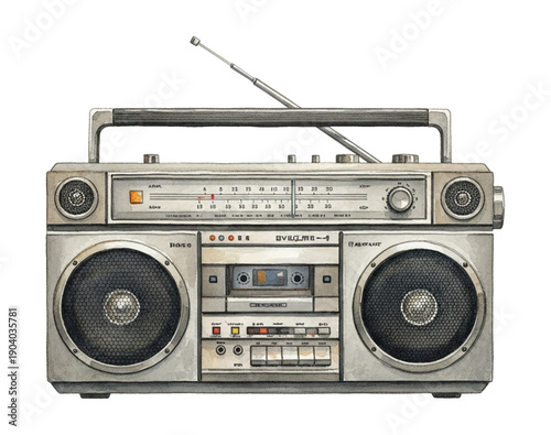 Retro boombox radio cassette player with extendable antenna and speakers in a detailed watercolor illustration