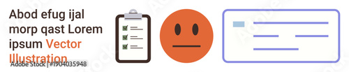 Productivity, feedback, data organization, communication, analysis, workflow. A clipboard with checkboxes, a neutral face emoticon and a placeholder text element. Productivity and feedback concepts