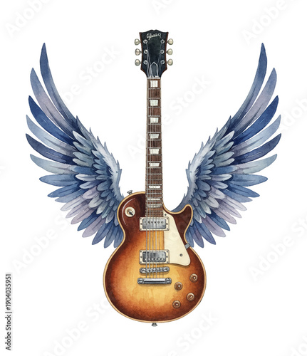 Detailed watercolor illustration of a classic electric guitar with majestic blue bird wings attached for music power