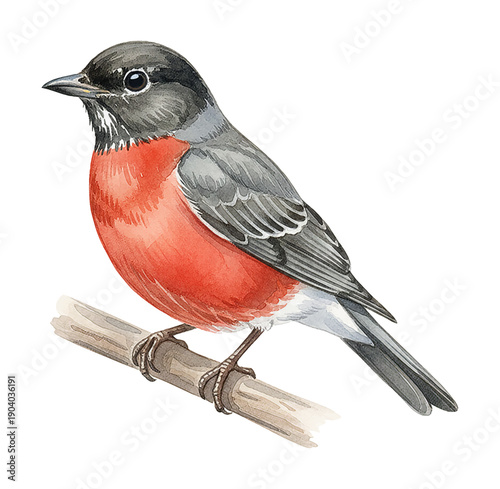 Watercolor painting of a beautiful red breasted bird perched gracefully on a wooden branch looking sideways calmly