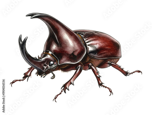Detailed illustration of a majestic rhinoceros beetle with large horns standing still on a white background