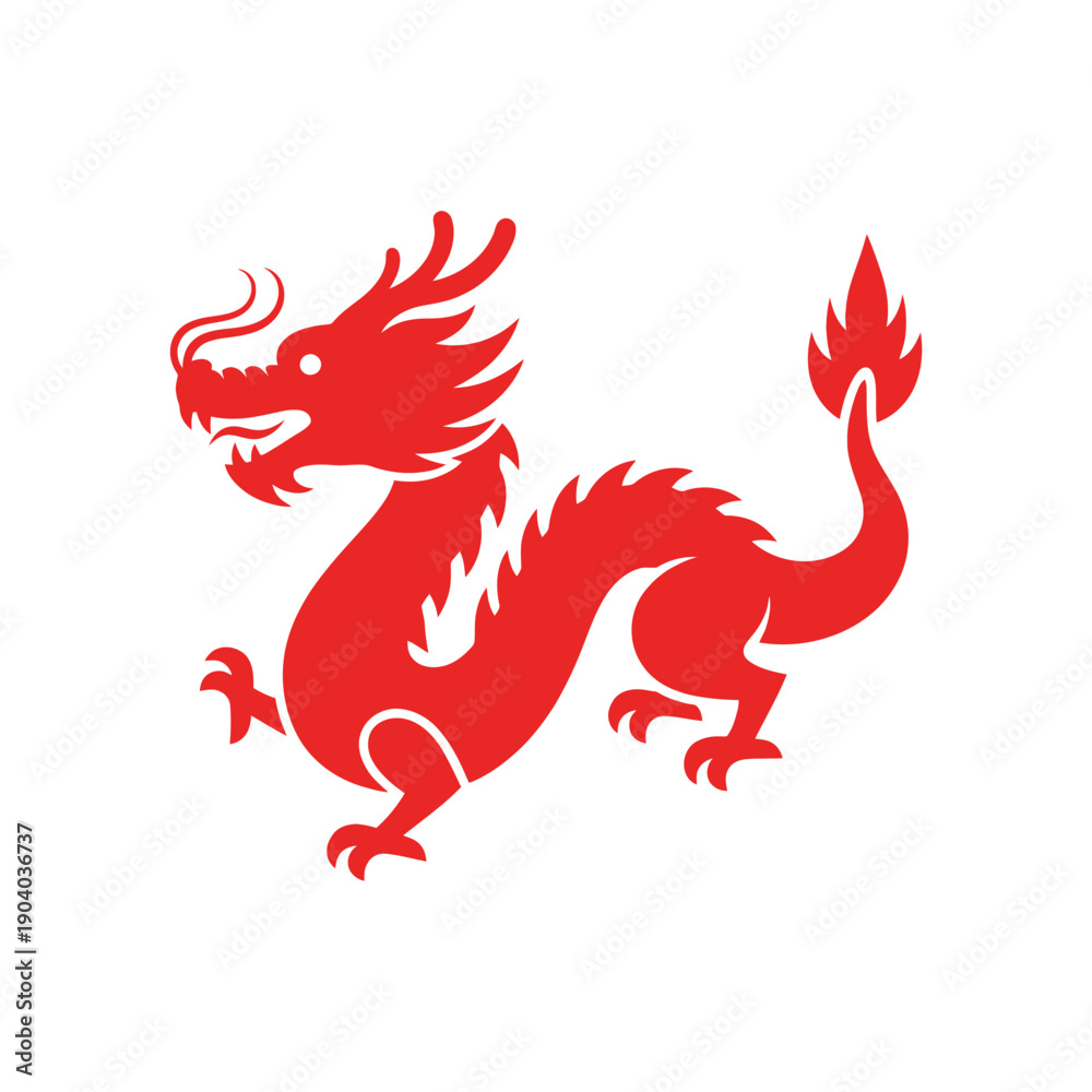 Fototapeta premium Dynamic red mythical creature symbolizing strength and tradition, embodying ancient folklore and powerful spiritual energy in a striking graphic design