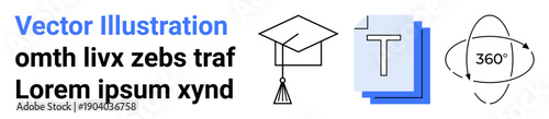 Education, technology, design tools, e-learning, virtual experience, innovation. Graduation cap, text layers 360-degree rotating icon. Education and technology emphasis