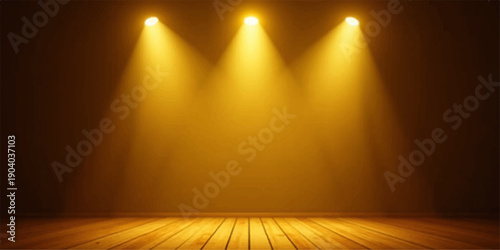 An empty wooden theater stage features a vintage parquet floor and a spotlight illuminating the blank interior wall of a gallery room