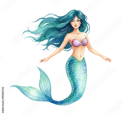 Beautiful fair skinned mermaid with long flowing teal hair a seashell bra and a vibrant blue green tail looks serene