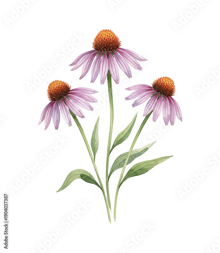 Three vibrant purple coneflower blossoms with green leaves and stems watercolor illustration