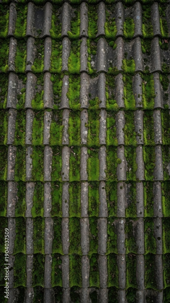 Fototapeta premium Weathered Roof Tiles With Vibrant Green Moss Texture Background