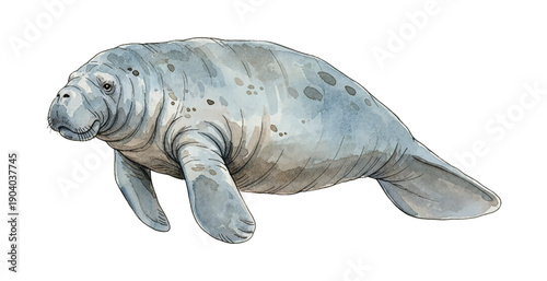 A gentle grey blue manatee swimming peacefully in a calm water environment with spotted skin and large flippers detailed watercolor illustration