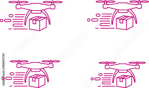 Four drones with packages in various stages of delivery and return isolated on white background, illustration