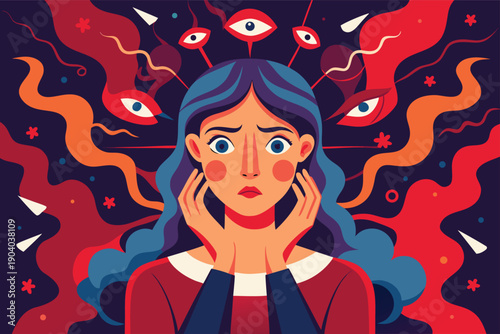 Woman overwhelmed by multiple eyes watching her with anxiety and fear