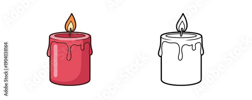 Burning red wax candle with melting drops in cartoon and line art style on white background represents romantic atmosphere celebration and relaxation