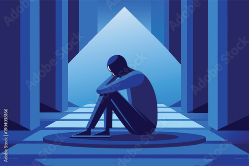 Depressed man sitting alone in dark blue corridor