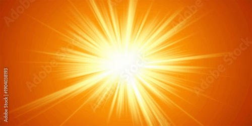 A vibrant abstract vector design features a bright yellow and orange sunburst explosion with glowing summer rays and sunny light beams shining across a warm sunrise sky illustration