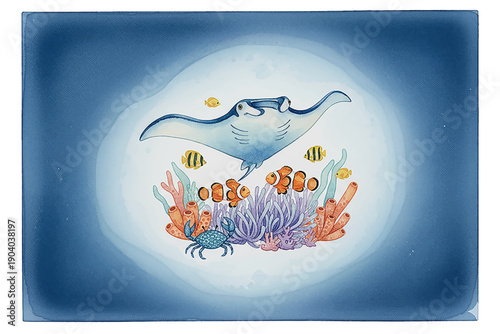 Graceful Manta Ray Swims Above Vibrant Coral Reef with Clownfish and Crab in Serene Ocean Depths