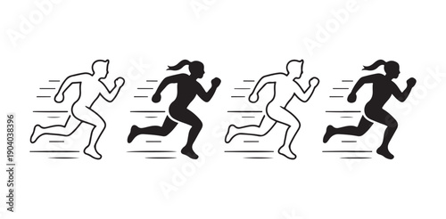 Running people icons set with speed lines and outline silhouettes of runners isolated on white background