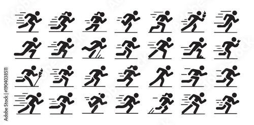 Set of twenty-eight diverse running icons with various poses and styles on a white background